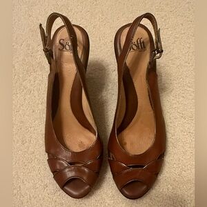 Sofft Brown Leather Slingback Peep-Toe Heels